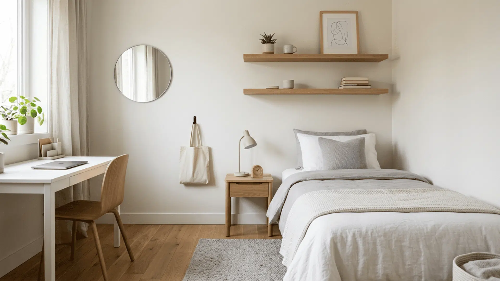 minimalist teen bedroom with neutral tones and simple modern furniture