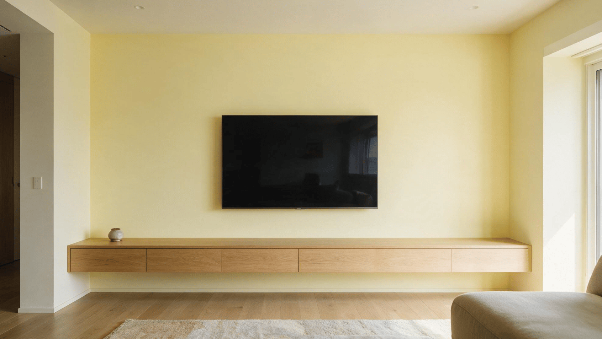 minimalist TV wall with mounted screen, floating wood cabinet, neutral rug, and clean lines