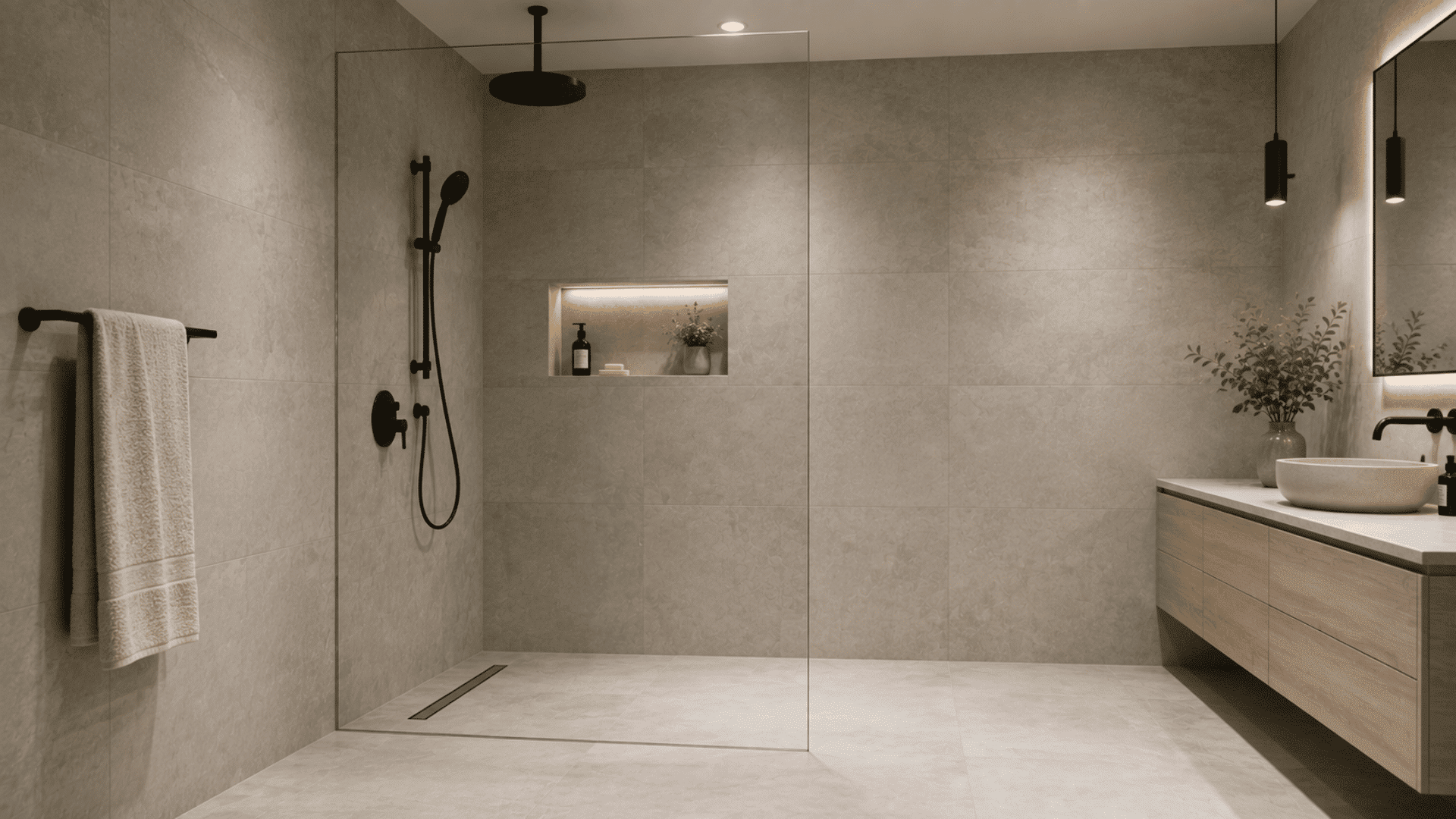 minimalist walk-in shower with black fixtures, glass panel, and floating vanity