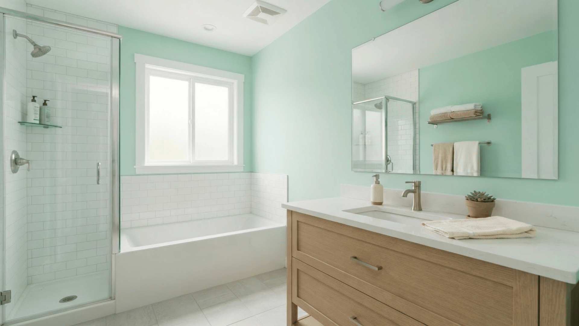 mint green bathroom with light wood vanity, white tile, and soft natural lighting