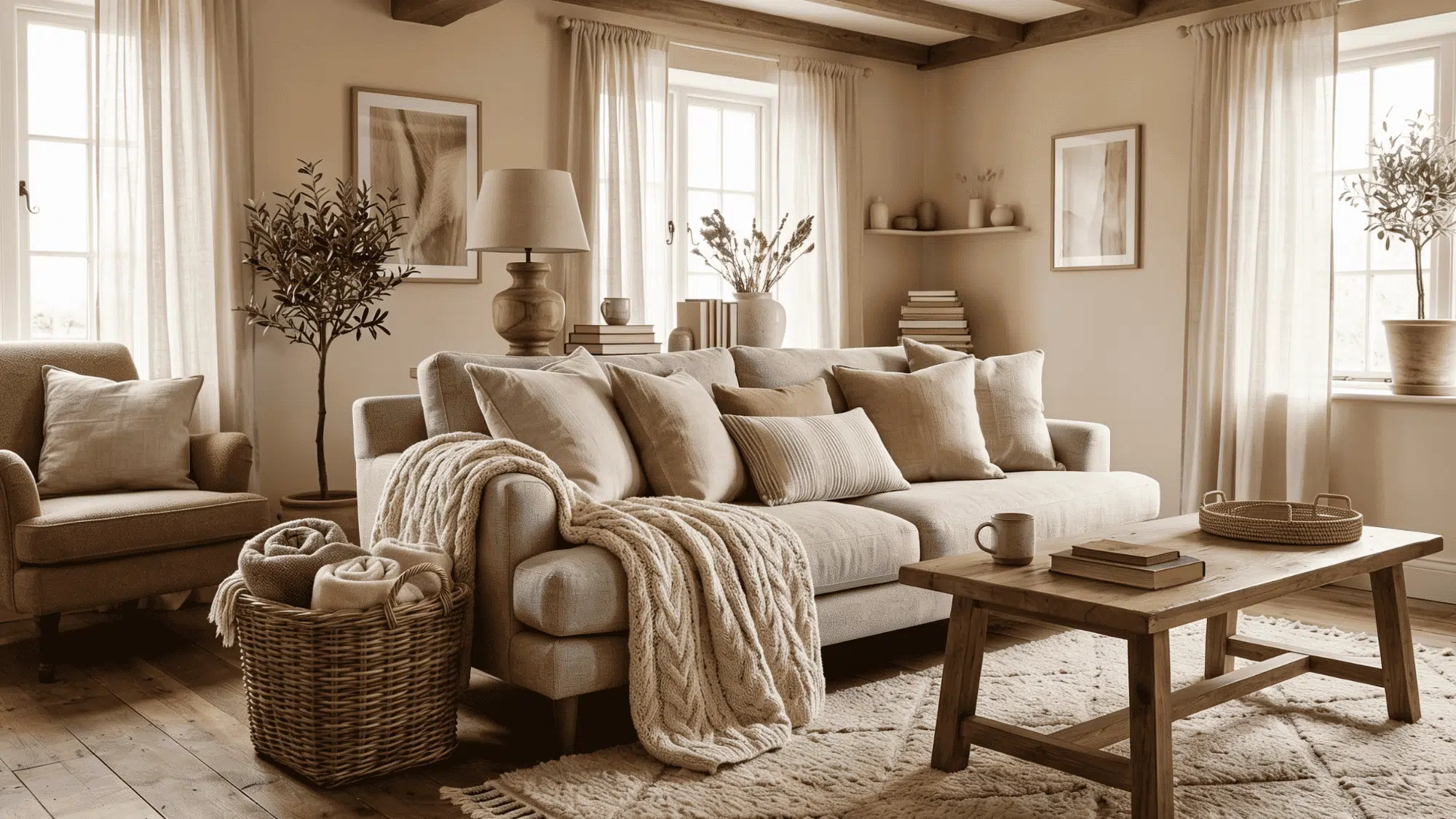 Living room with knit throws, linen pillows, woven baskets, wool rug, and wood accents.