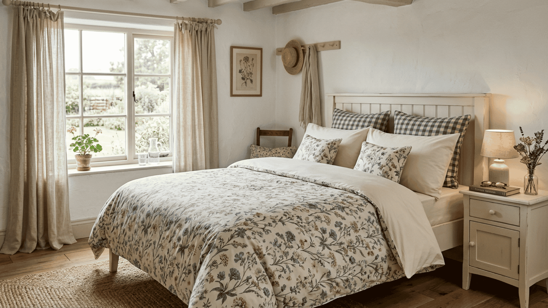 Country guest bedroom with floral bedding and checked accent pillows