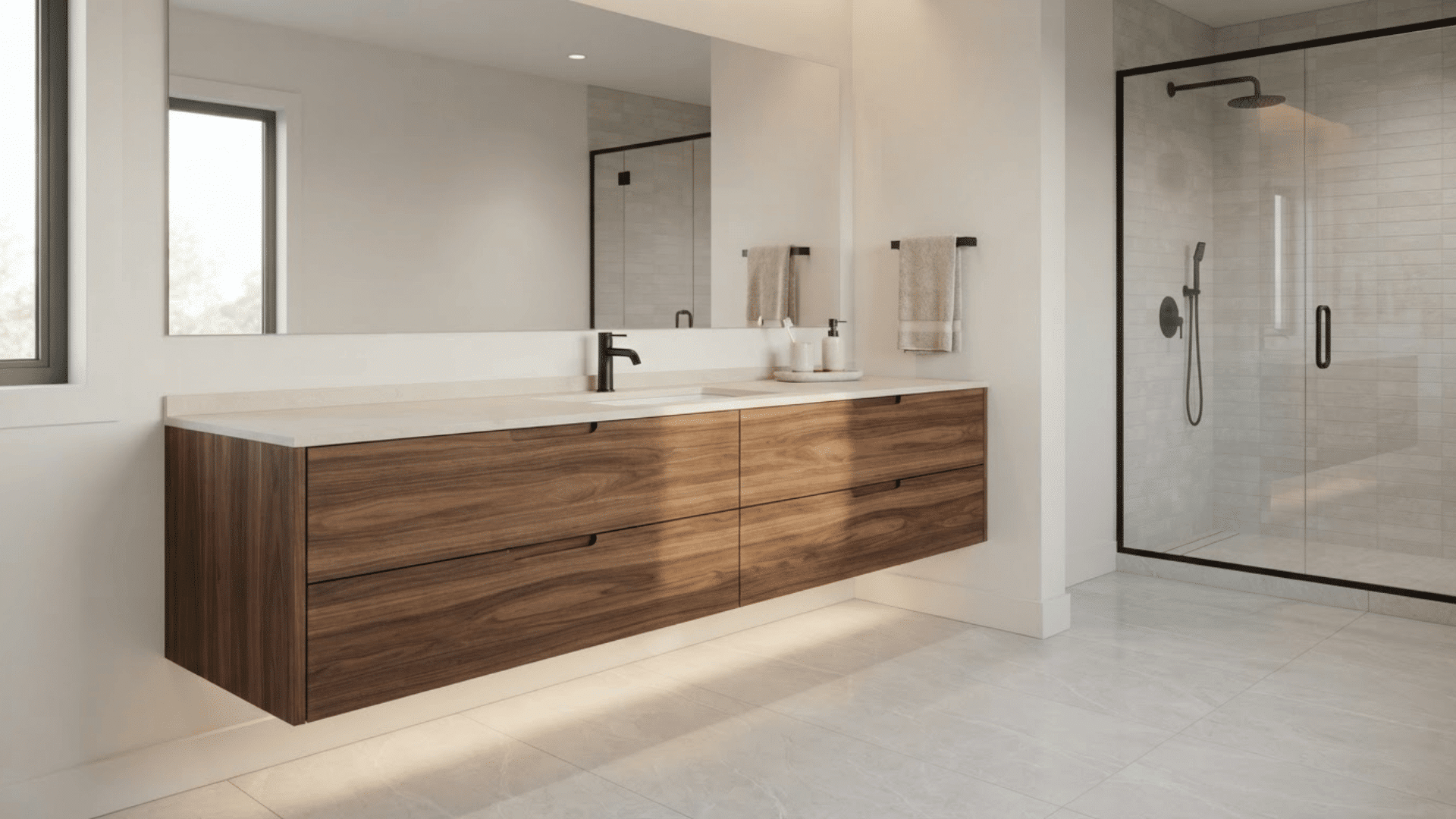 modern luxury bathroom with floating walnut vanity, large mirror, and black-framed shower