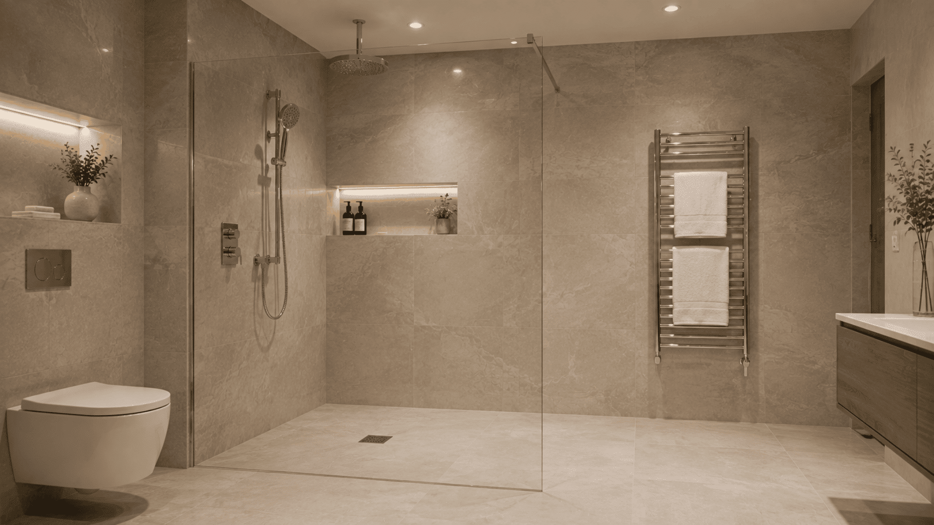 modern wet room shower with beige tiles, glass panel, and towel warmer