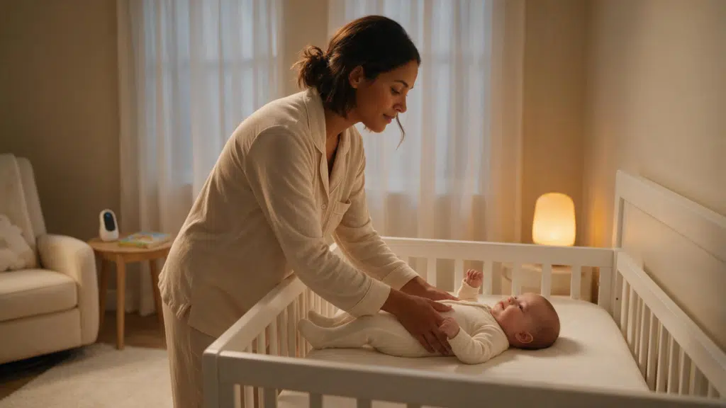 mother gently placing her awake baby into a safe crib during the pick up put down sleep training method at bedtime