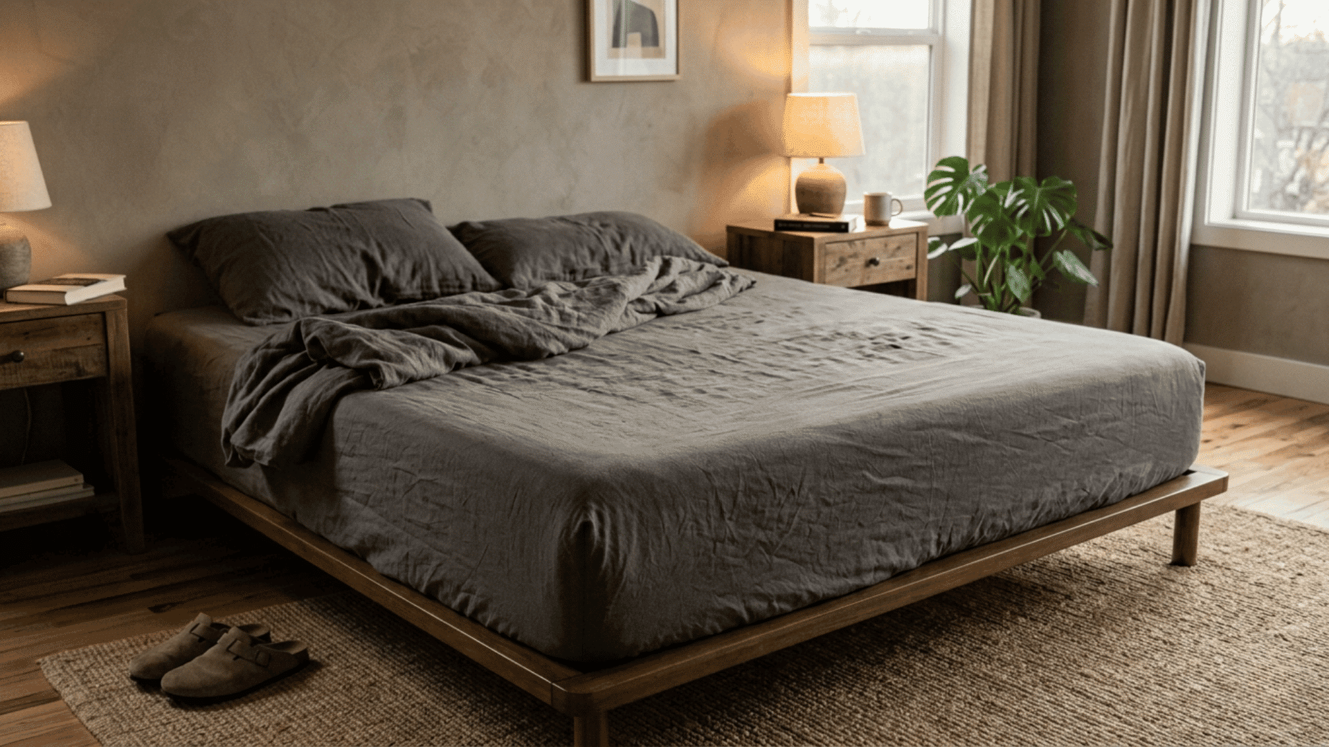 charcoal bed with rumpled sheets in a softly lit bedroom with wooden side tables