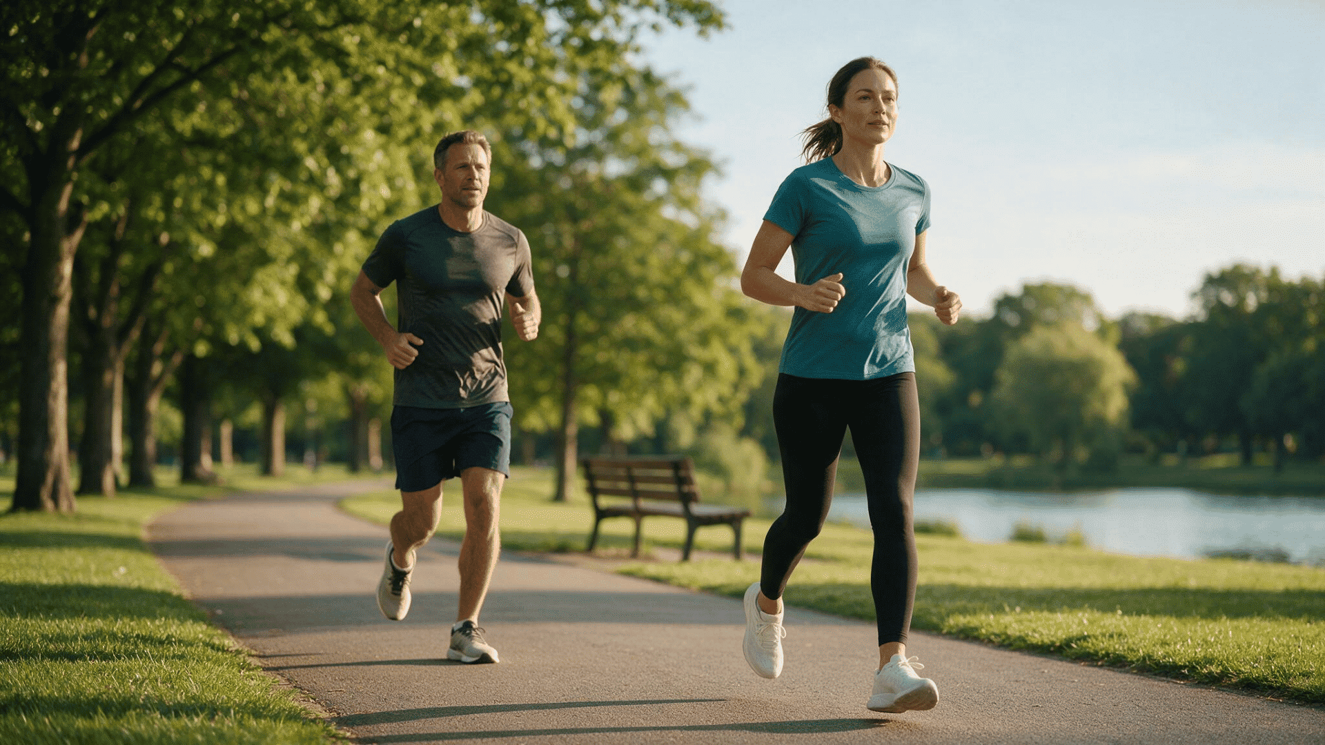 woman briskly walking and man jogging on a tree-lined park path during a morning exercise session