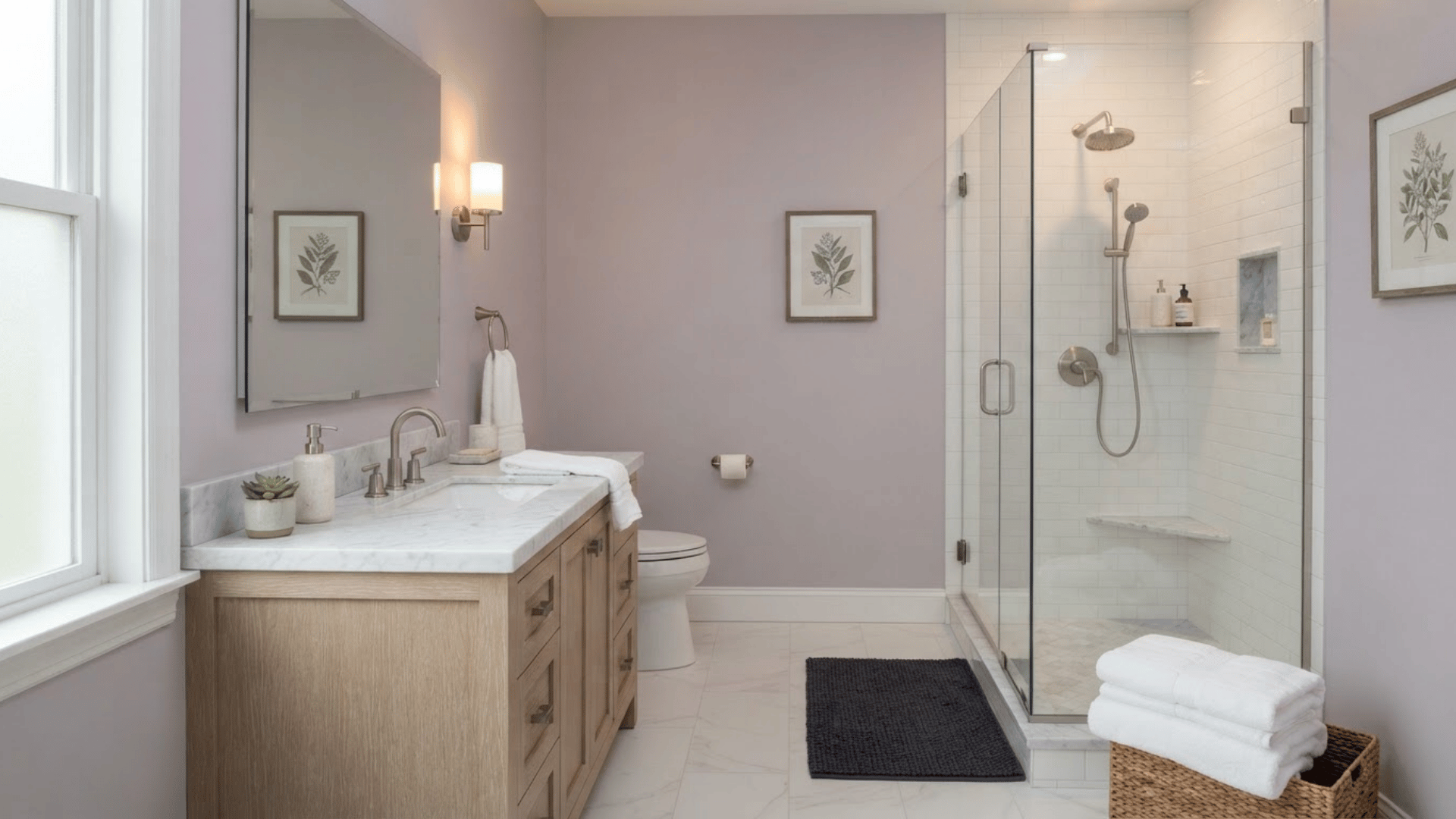 muted lilac bathroom with light wood vanity, marble counter, and glass shower