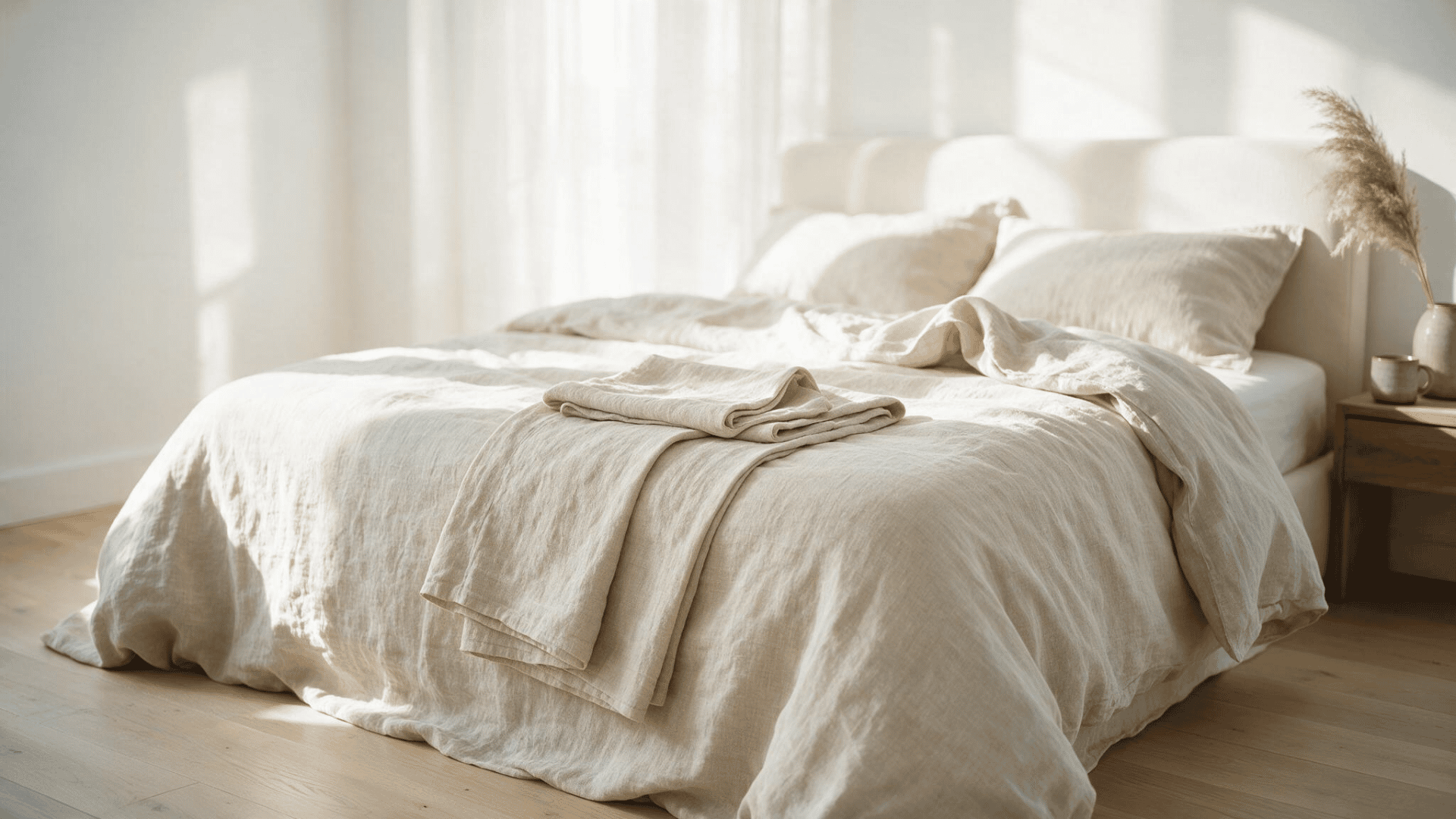 Neatly made bed with relaxed oatmeal European flax linen sheets in a bright sunlit modern bedroom
