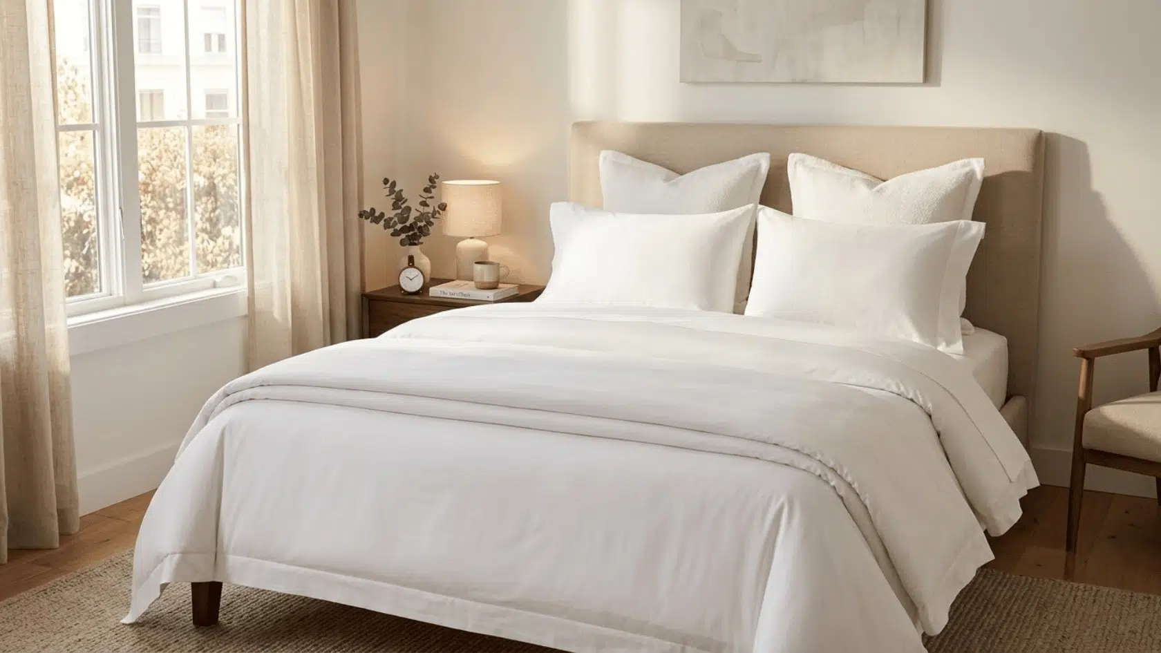 neatly made bed with white hotel-style bedding, plush pillows, and folded duvet in a bright, cozy bedroom