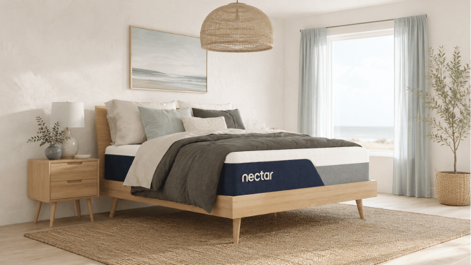 Nectar mattress in a bright coastal-style bedroom
