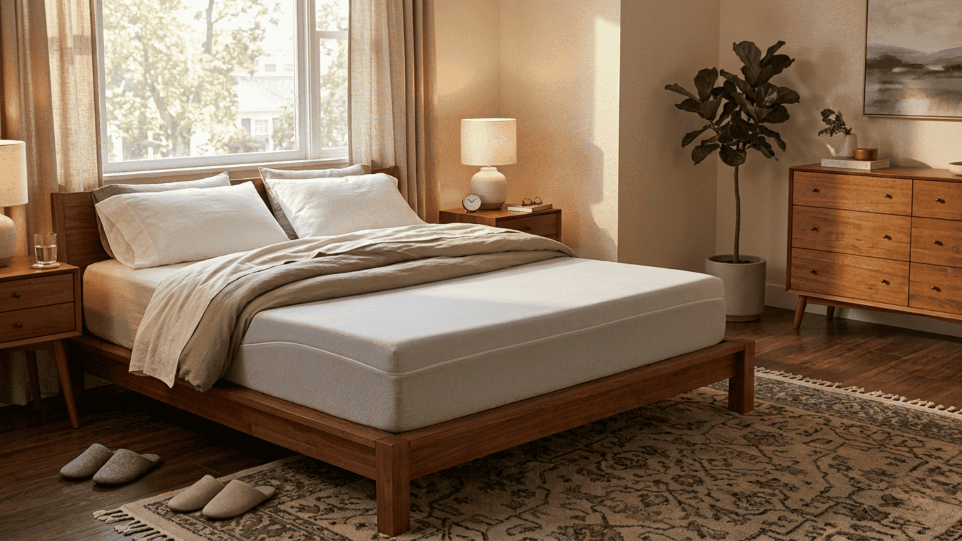 white mattress on a wooden bed frame in a sunlit warm bedroom with neutral decor