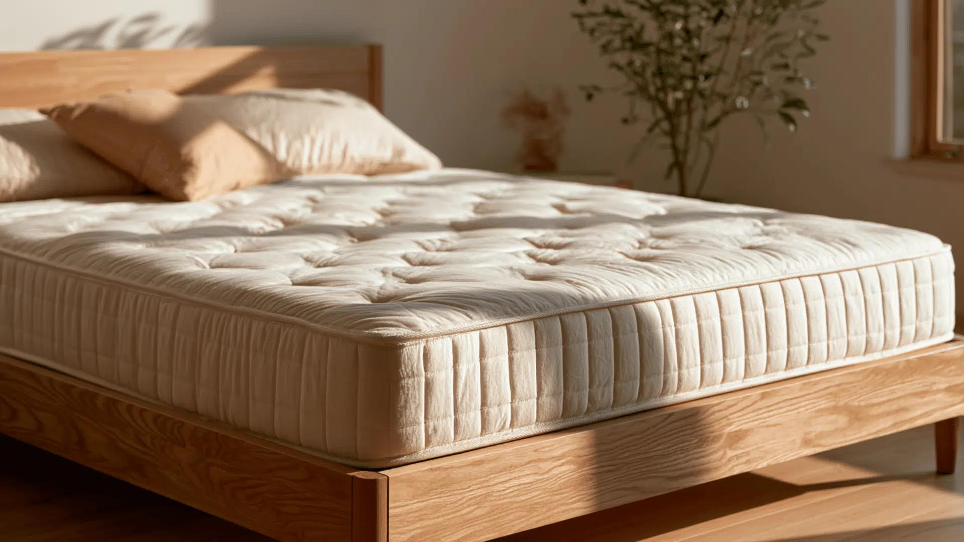 Nest Bedding Natural Hybrid Latex mattress on a wooden frame in a bright modern bedroom.