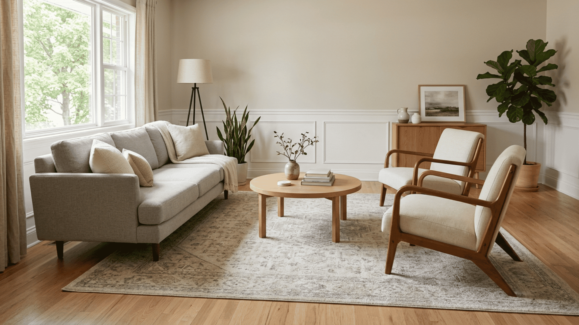 neutral living room with a large rug connecting the sofa, chairs, and coffee table