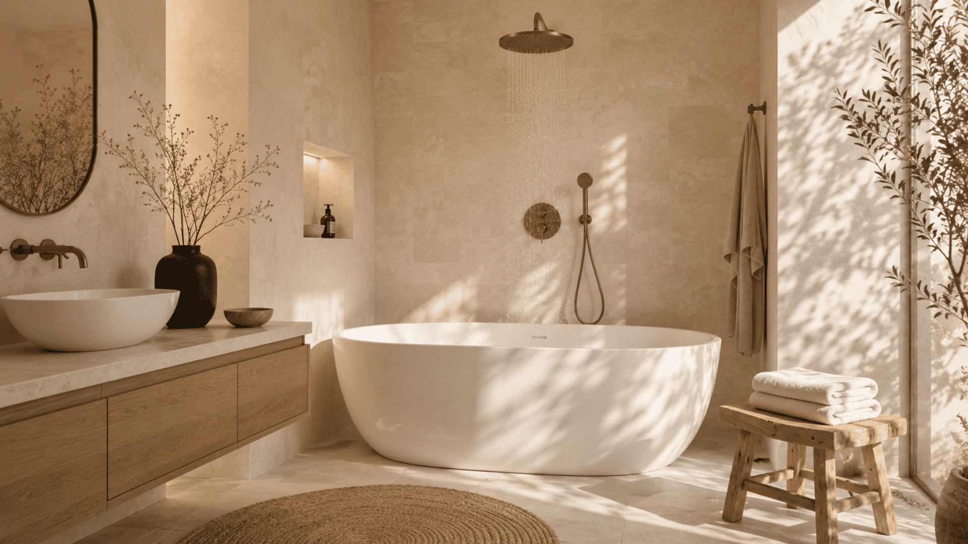 neutral spa bathroom with freestanding tub, rainfall shower, and warm natural light