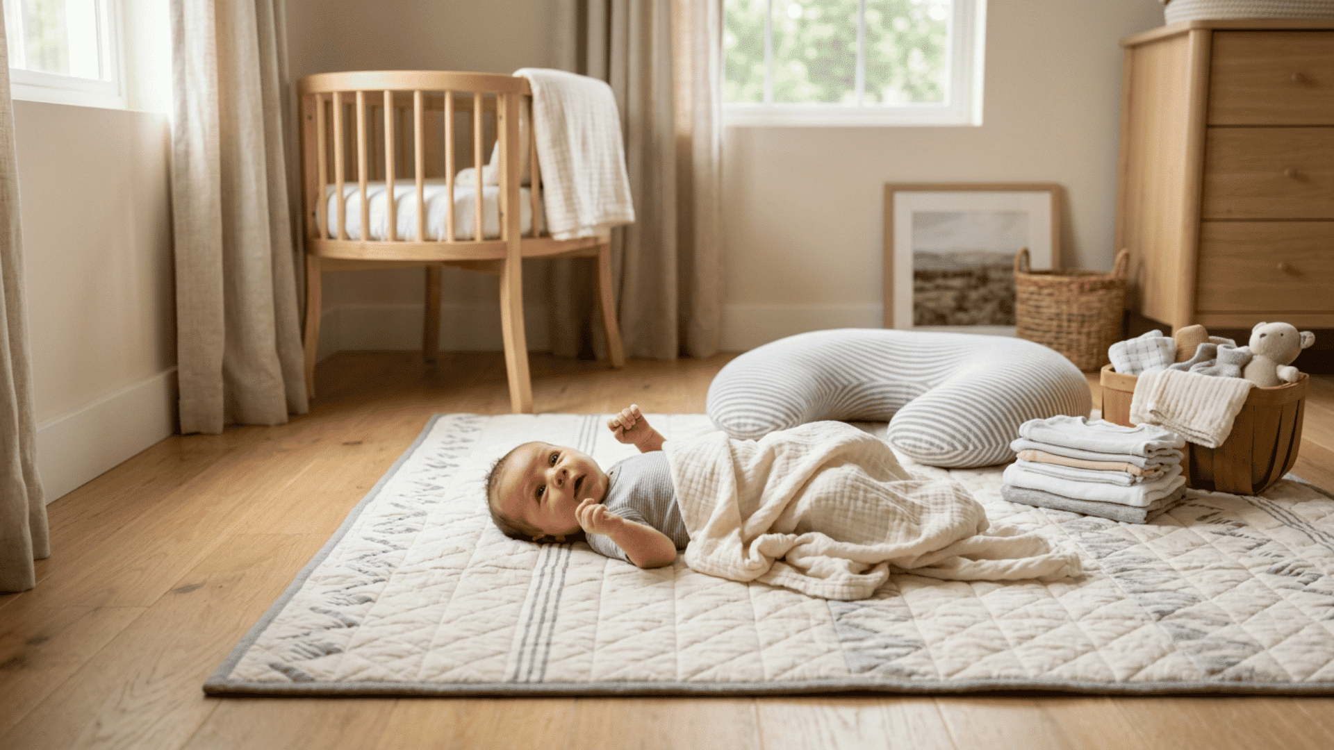 newborn baby lies under a blanket on a mat beside a crib and folded baby clothes