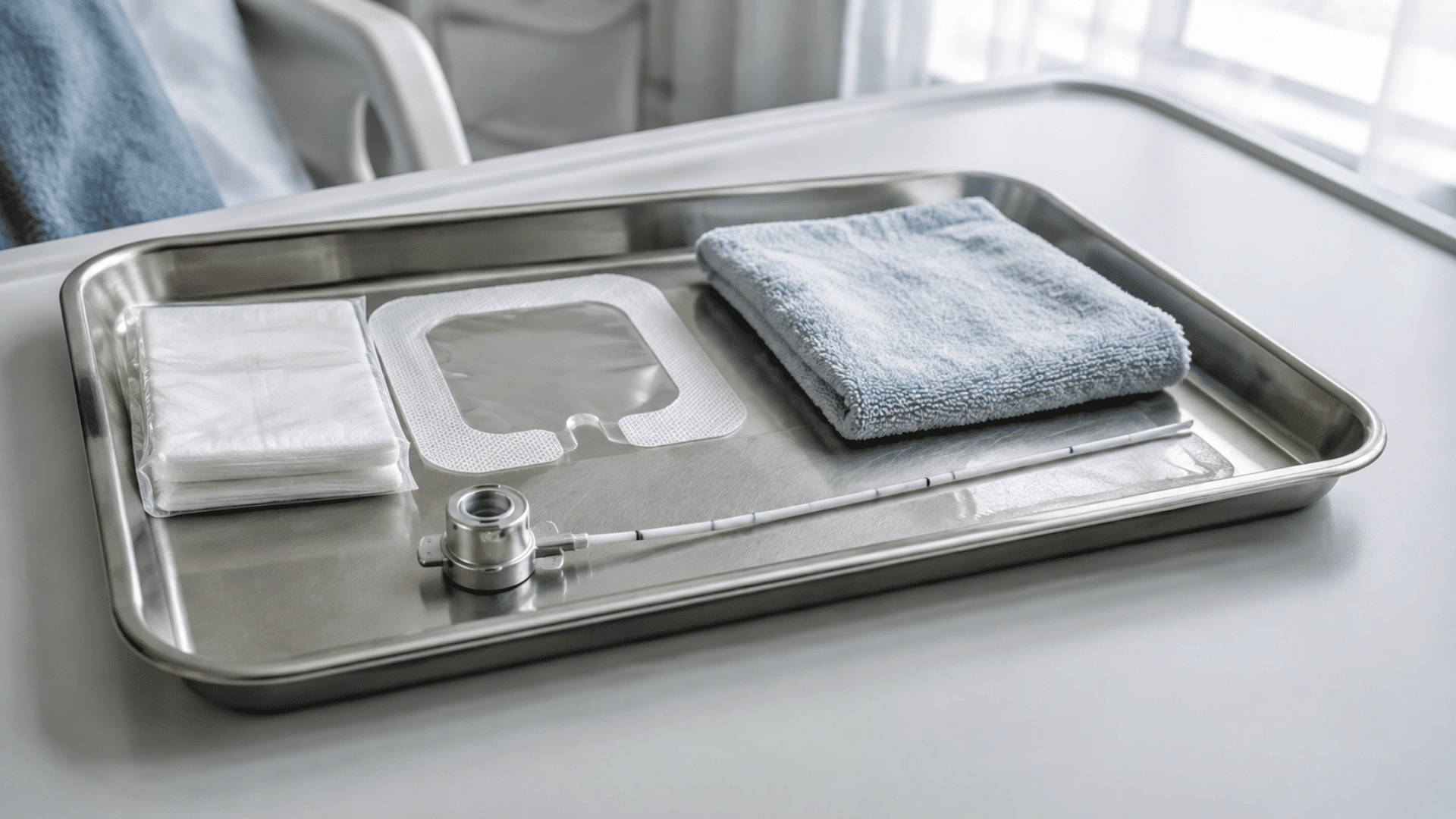 chemo port, catheter, dressings, gauze, and folded towel on a sterile metal tray