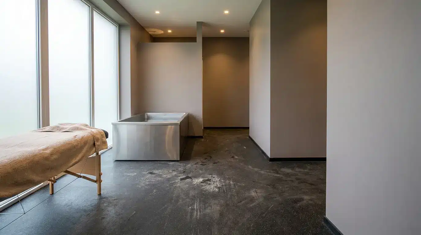 Treatment room with massage table and stainless steel tub in modern spa setting