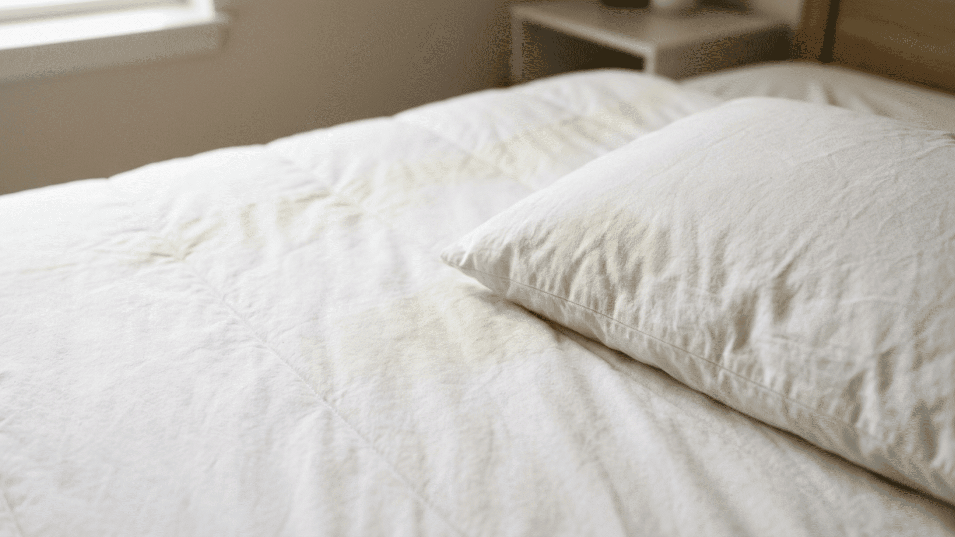 White comforter and pillow with light sweat stains on a neatly made bed.