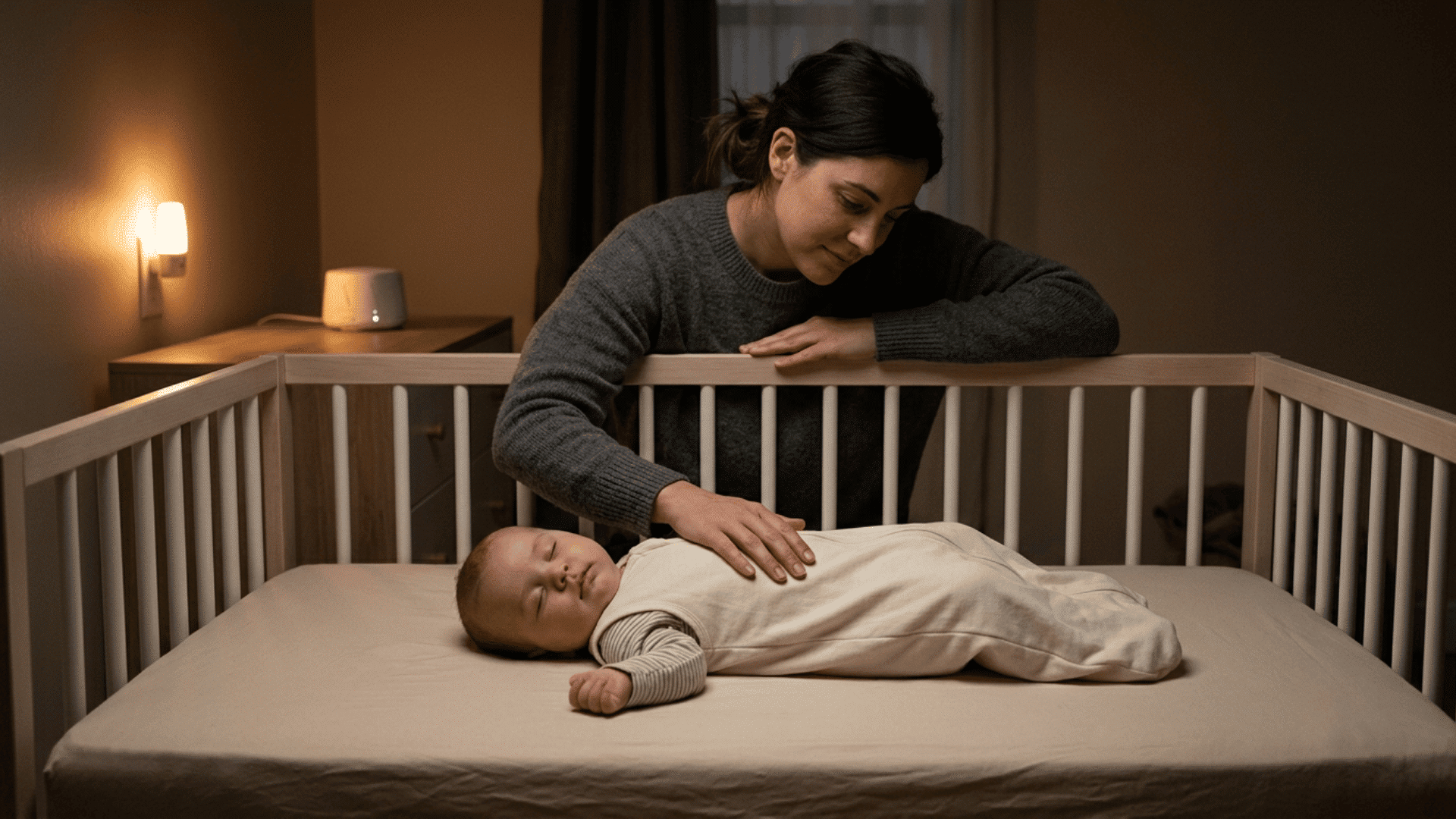 Mother rests her hand on a sleeping baby in a dim nursery beside the white crib.