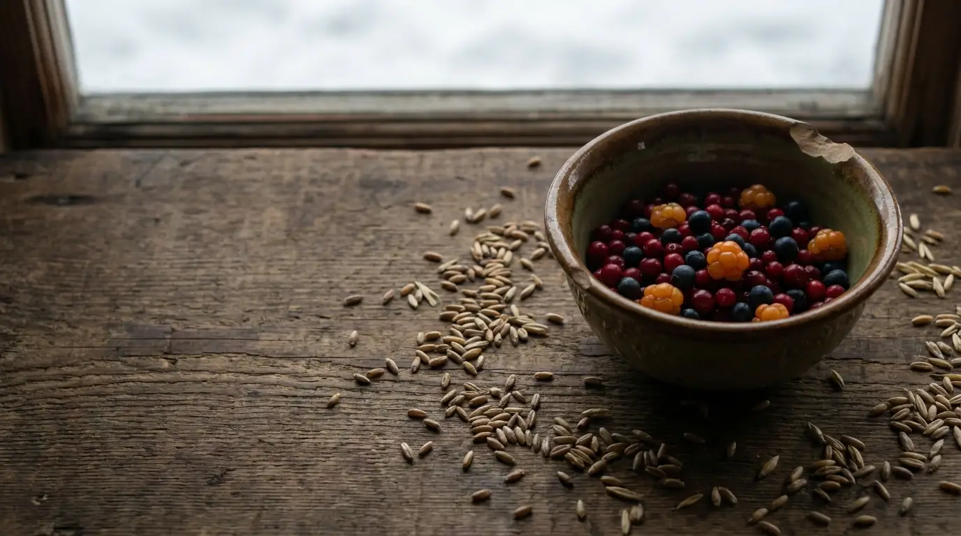 Bowl of mixed berries on rustic wooden table with scattered grains near a window