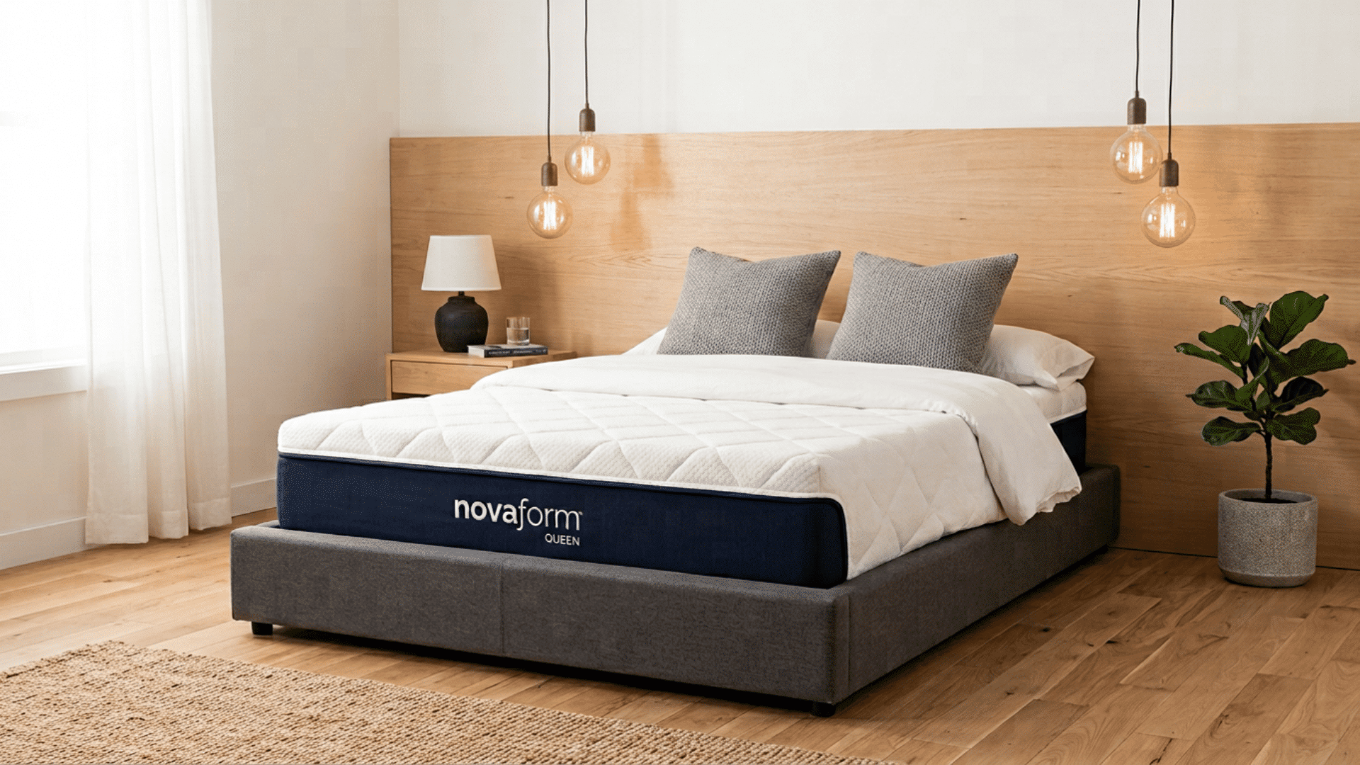 novaform mattress on a wooden bed frame in a modern bedroom with plants and lights