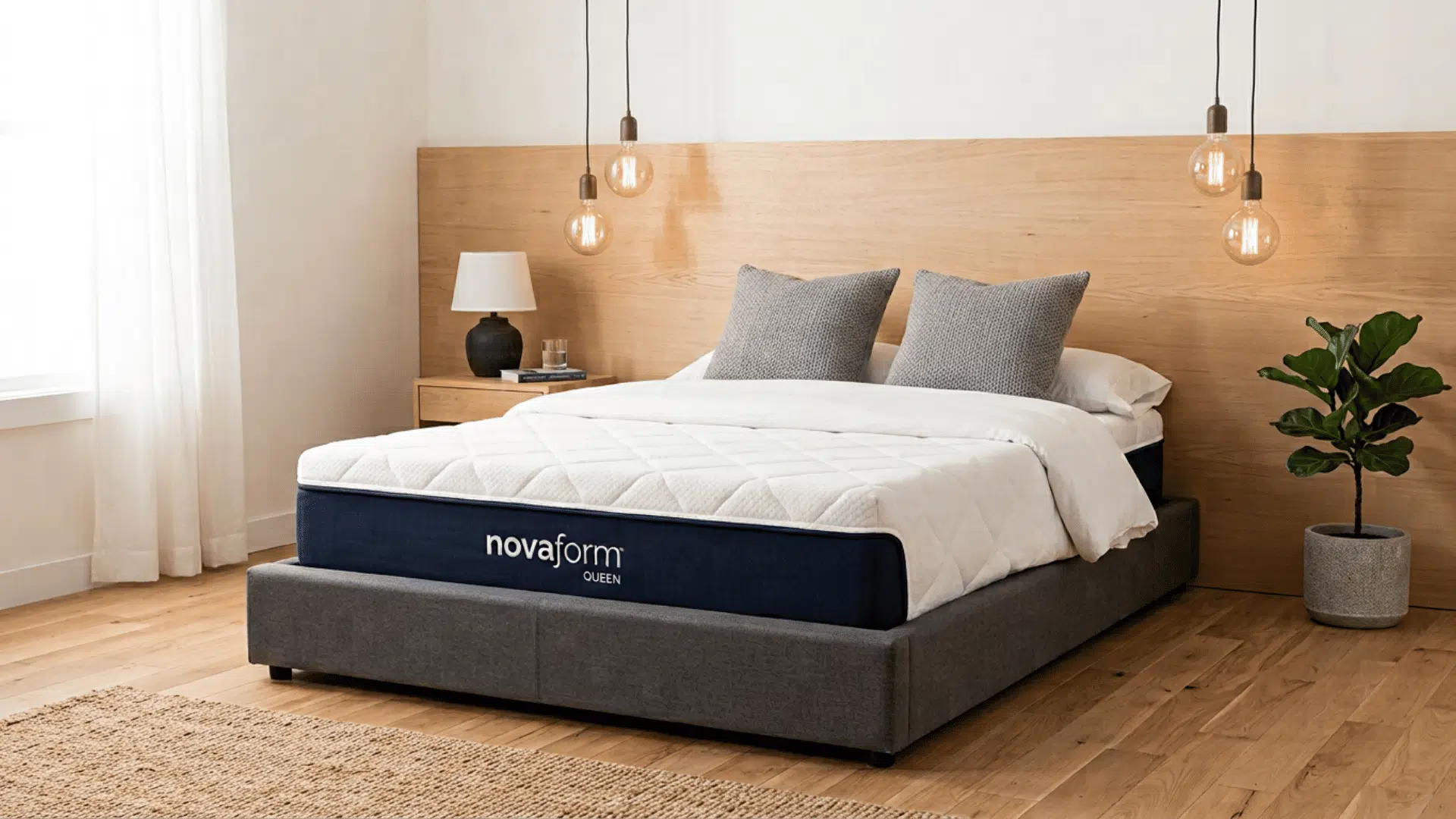 novaform mattress on a wooden bed frame in a modern bedroom with plants and lights