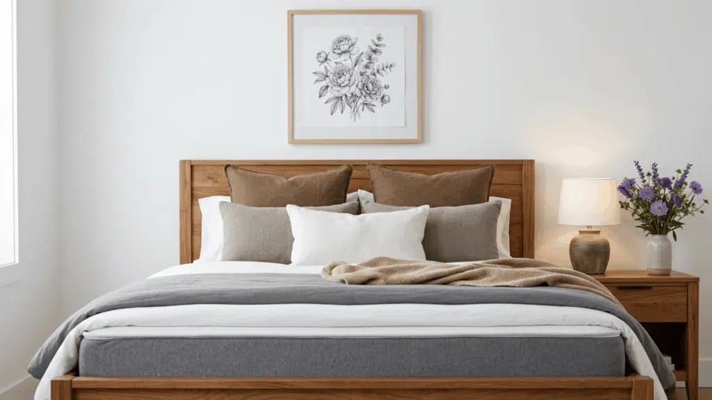 mattress on a wooden bed frame in a modern bedroom with plants and hanging lights
