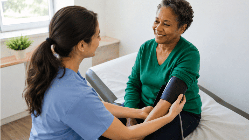 nurse checking an older patient’s blood pressure during a preventive wellness visit