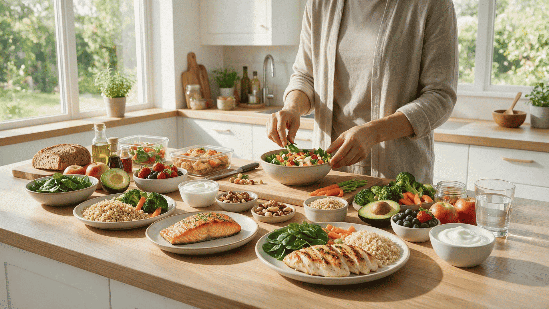 balanced healthy meal with lean protein whole grains fresh fruits and vegetables on a modern kitchen countertop