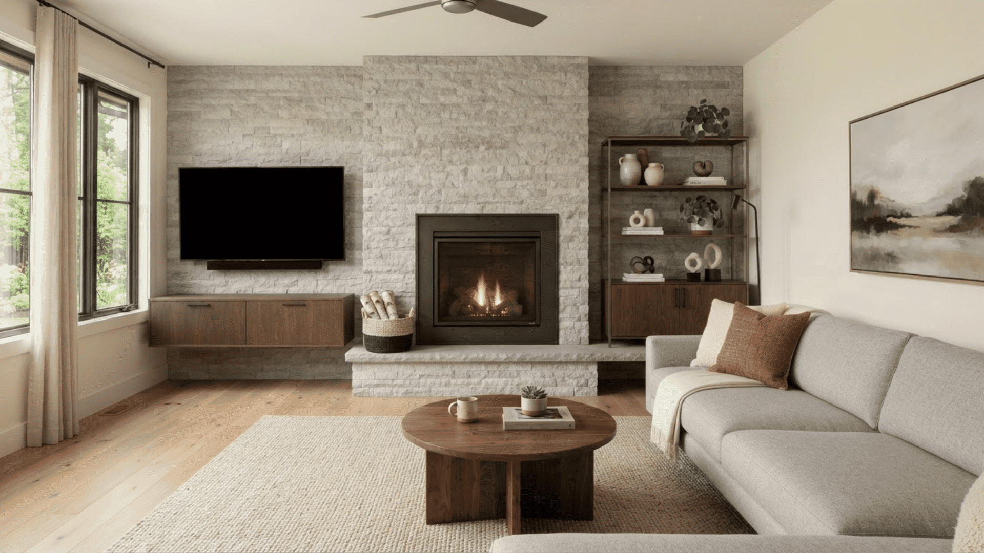 offset TV beside a fireplace with built-in shelving and balanced neutral furniture
