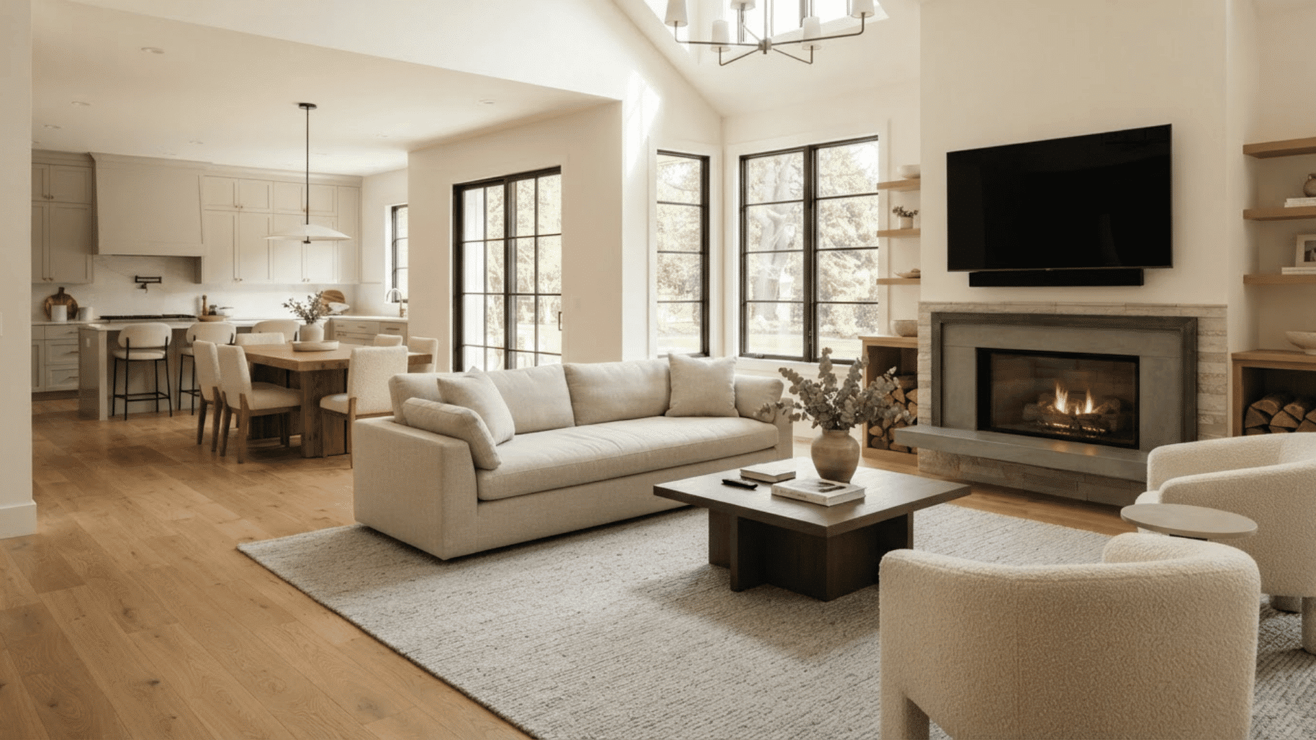 open-concept living room with fireplace, TV, sofa, dining area, and large windows