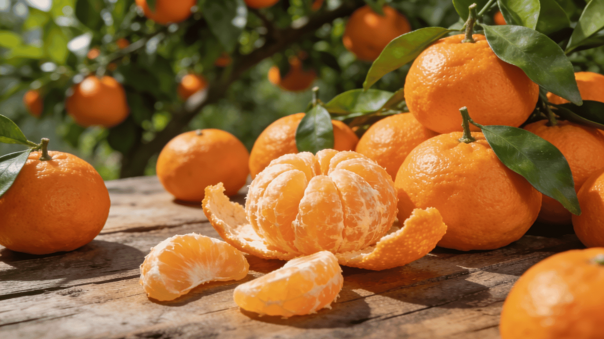 fresh oranges with green leaves and peeled segments on a rustic wooden table