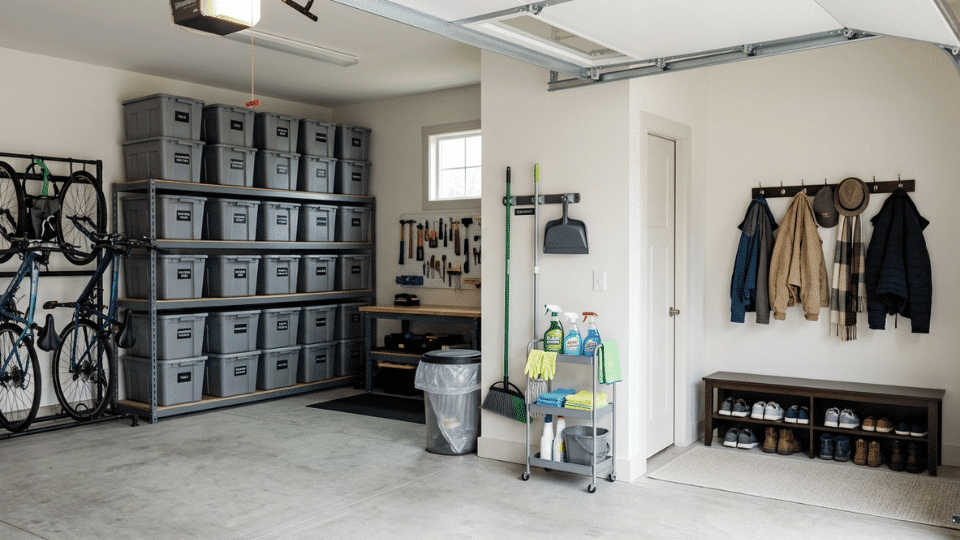 Organized garage and entryway with labeled storage bins, clean floors, and clutter-free spaces
