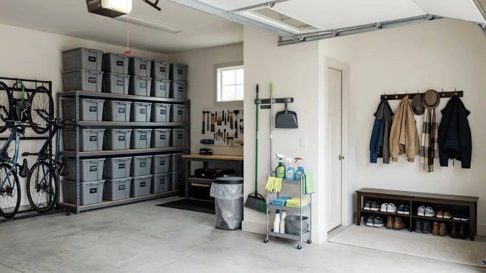 Organized garage and entryway with labeled storage bins, clean floors, and clutter-free spaces