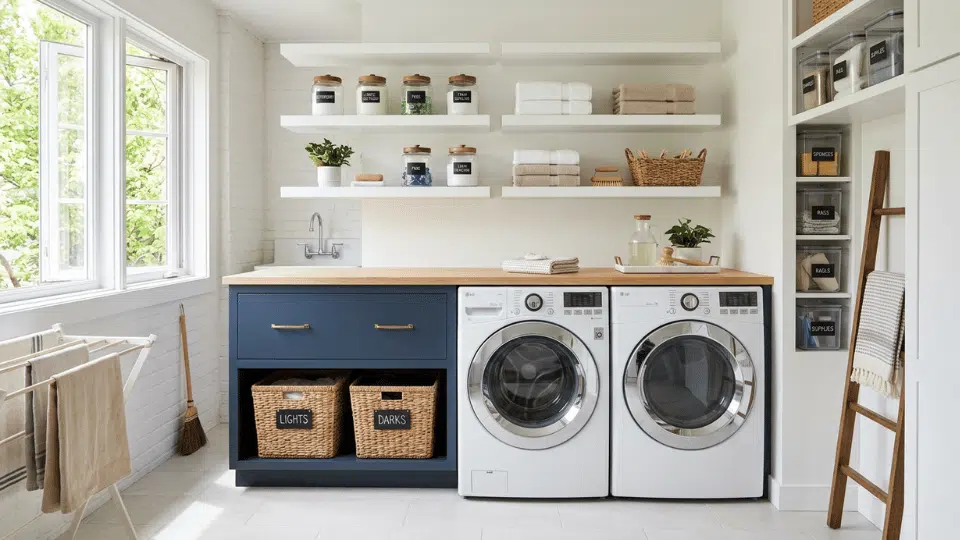 Organized laundry room with clean appliances, storage shelves, and neatly arranged cleaning supplies