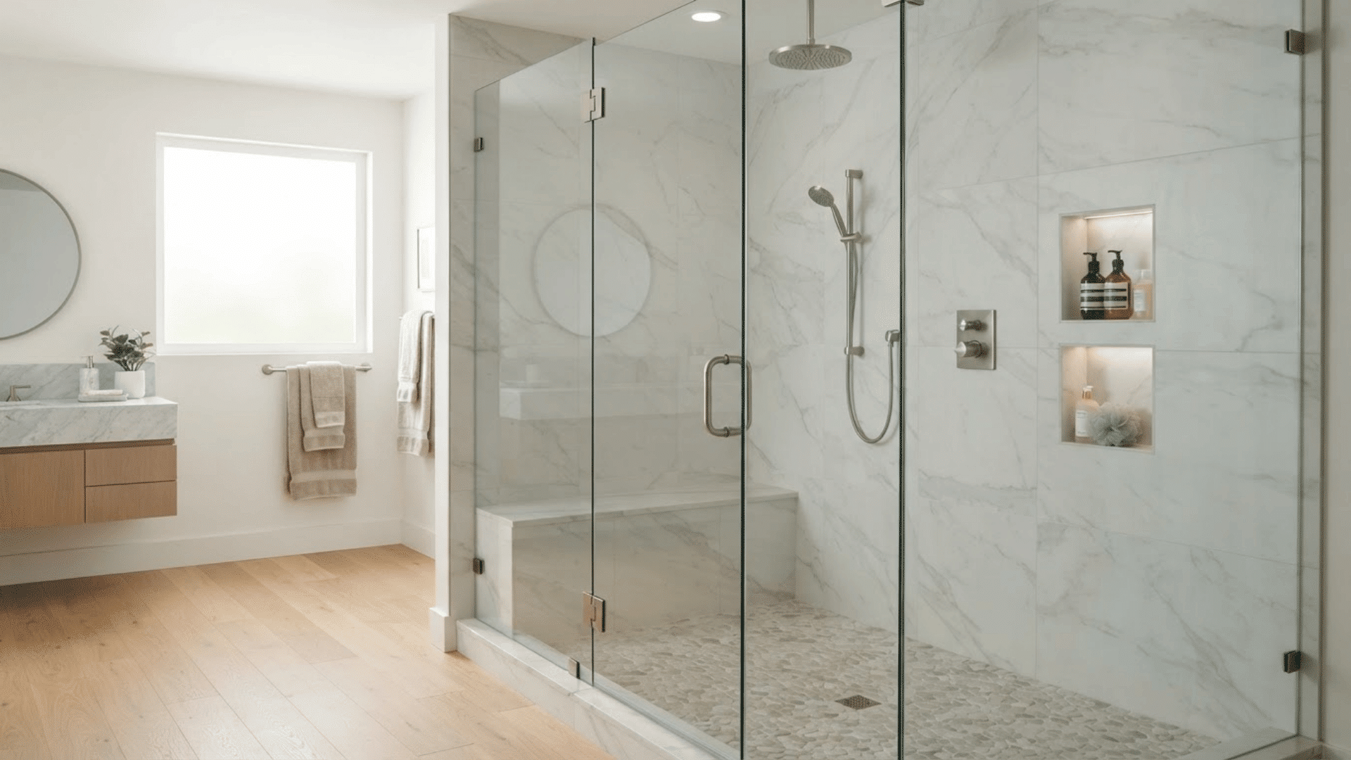 oversized walk-in shower with marble walls, glass panels, rainfall head, and built-in bench