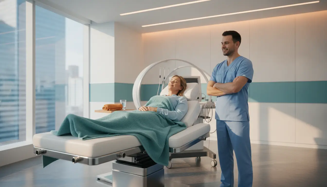 Patient resting in modern hospital room with nurse standing nearby in blue scrubs