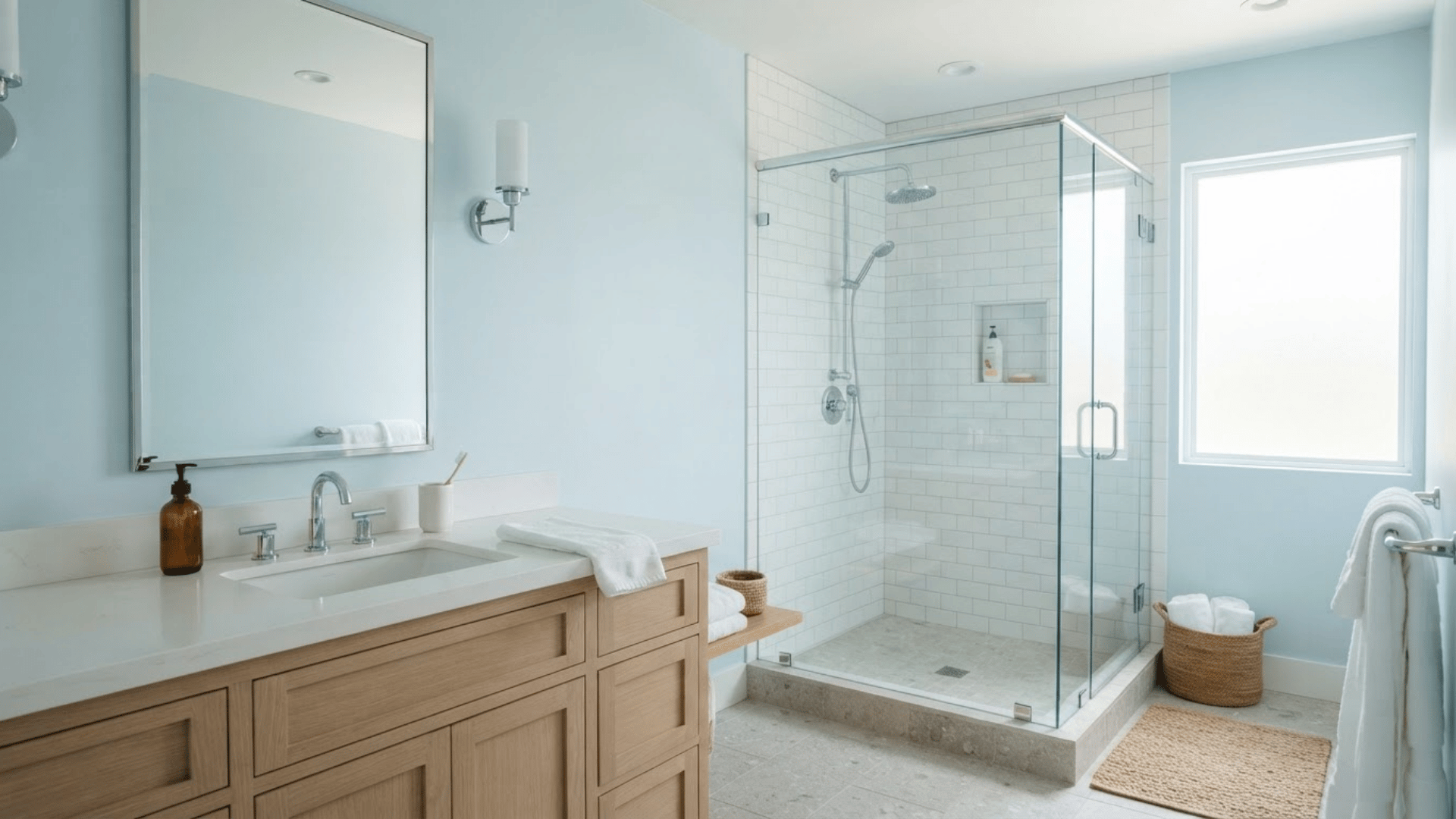 pale blue bathroom with white vanity, tiled tub, chrome fixtures, and natural light