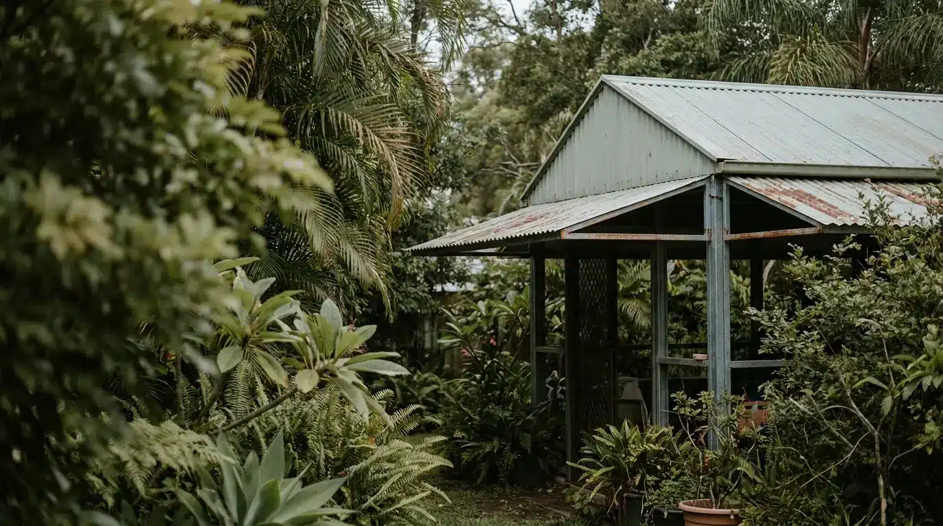 Rustic metal-roofed garden shed surrounded by lush tropical plants and greenery