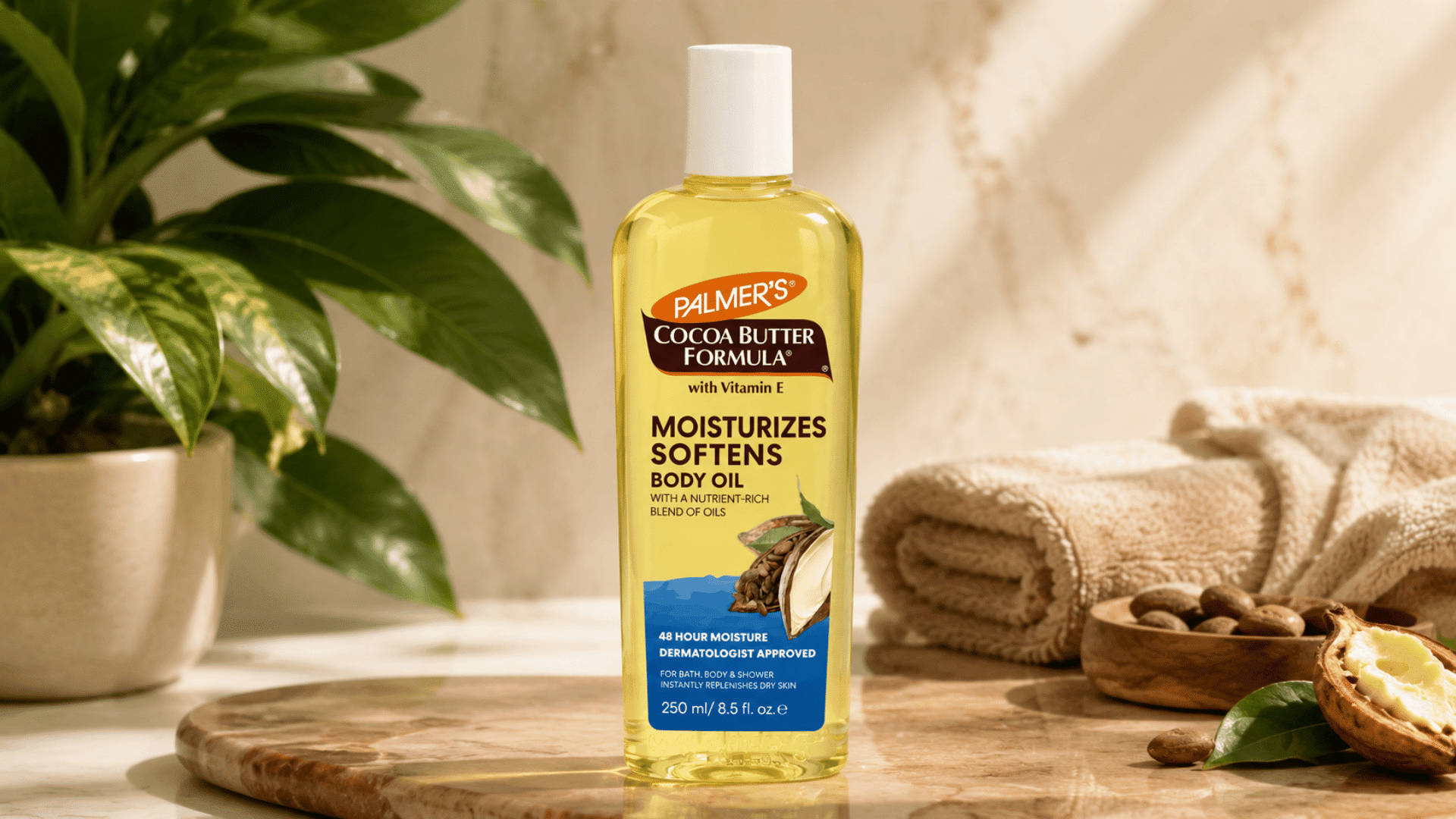 Palmer’s Cocoa Butter Formula Body Oil bottle displayed with cocoa beans, a cream towel, and green foliage.