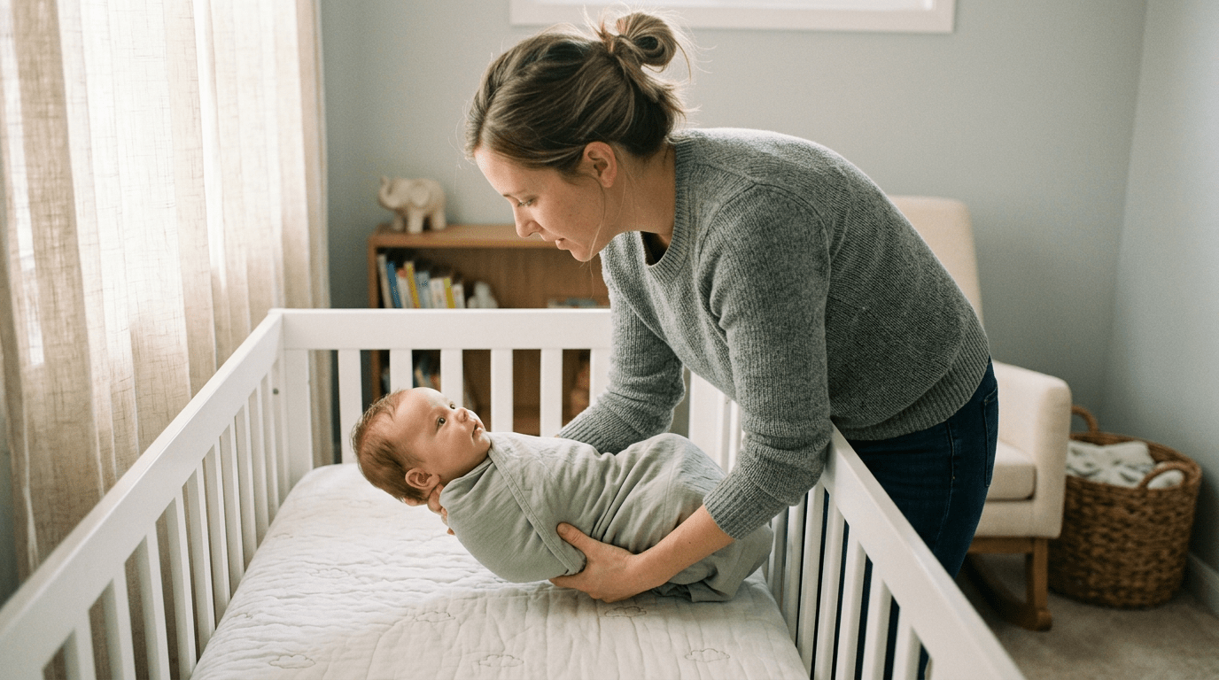 Parent gently places a calm, awake baby into a crib during a peaceful bedtime routine.