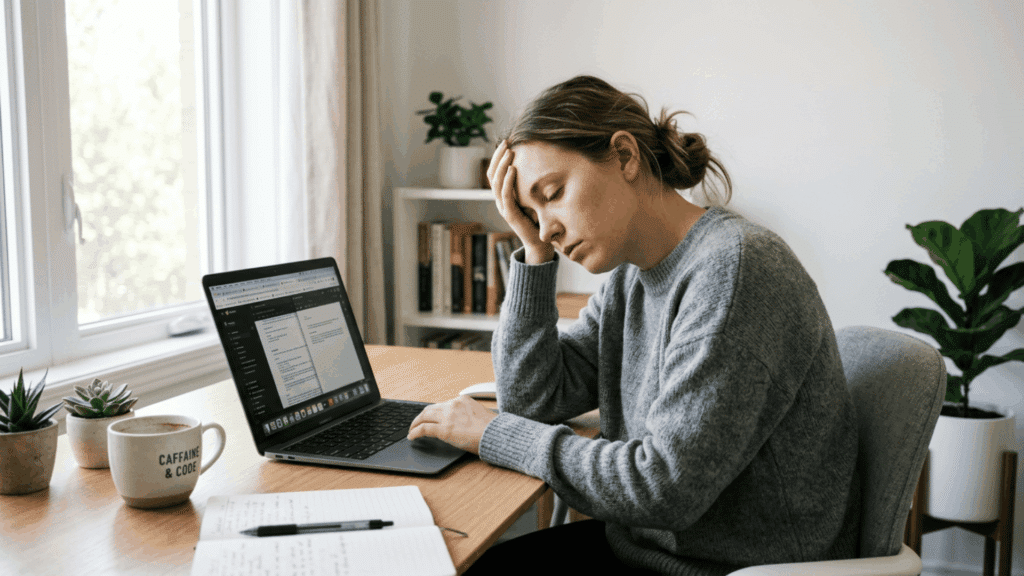 person feeling tired while working on a laptop at a home desk with coffee nearby.