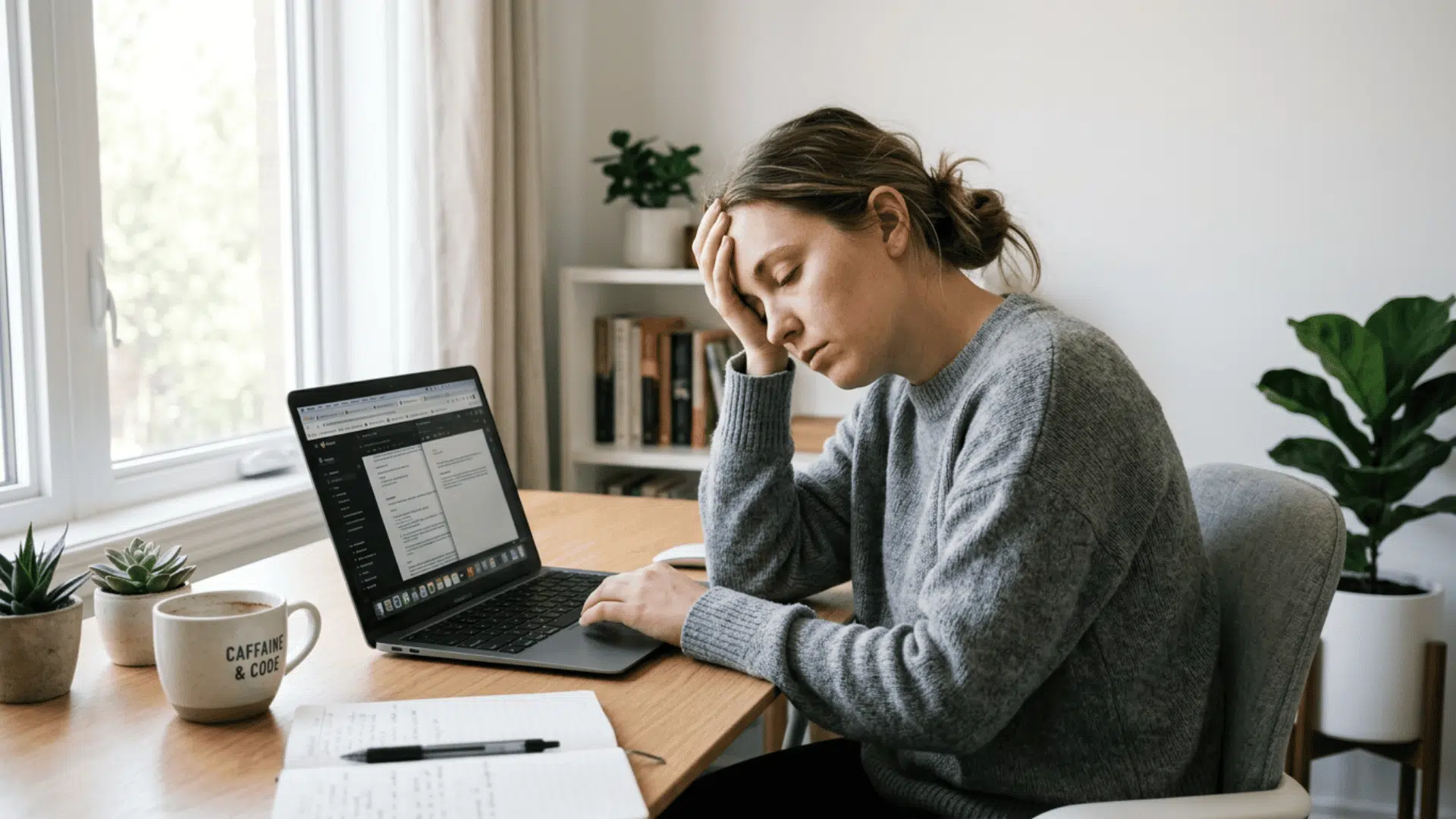 person feeling tired while working on a laptop at a home desk with coffee nearby.