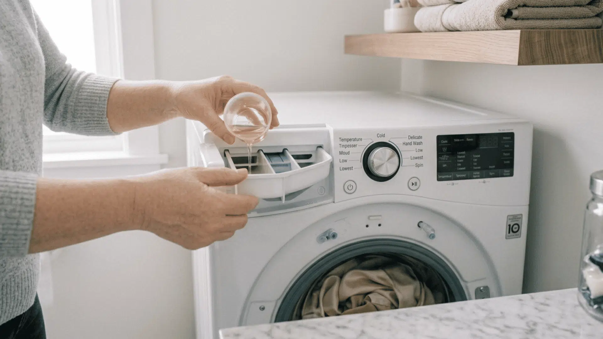 Person pouring liquid detergent into a washing machine dispenser