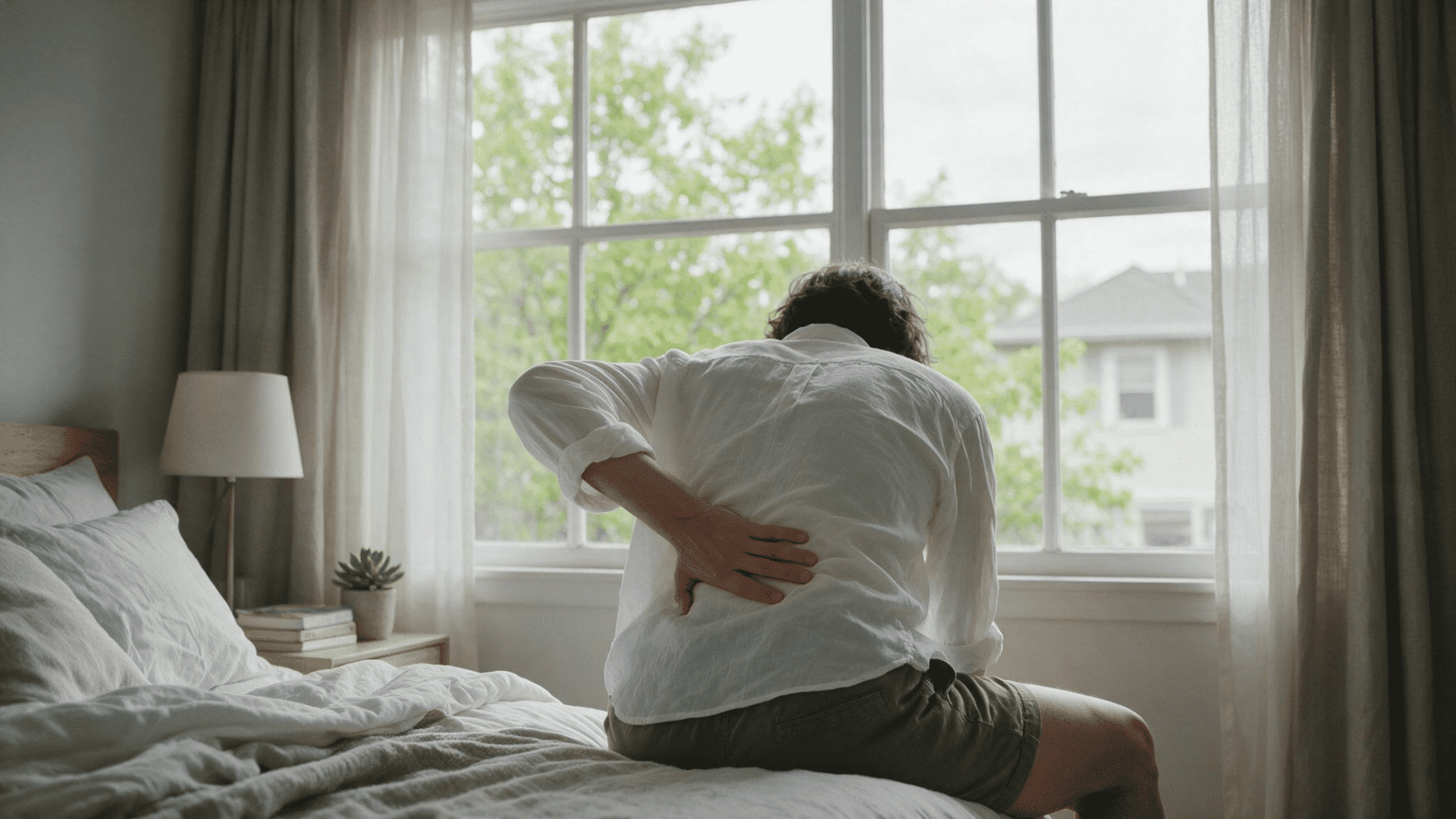 Person sitting on a bed holding their lower back in discomfort near a bright window with sheer curtains