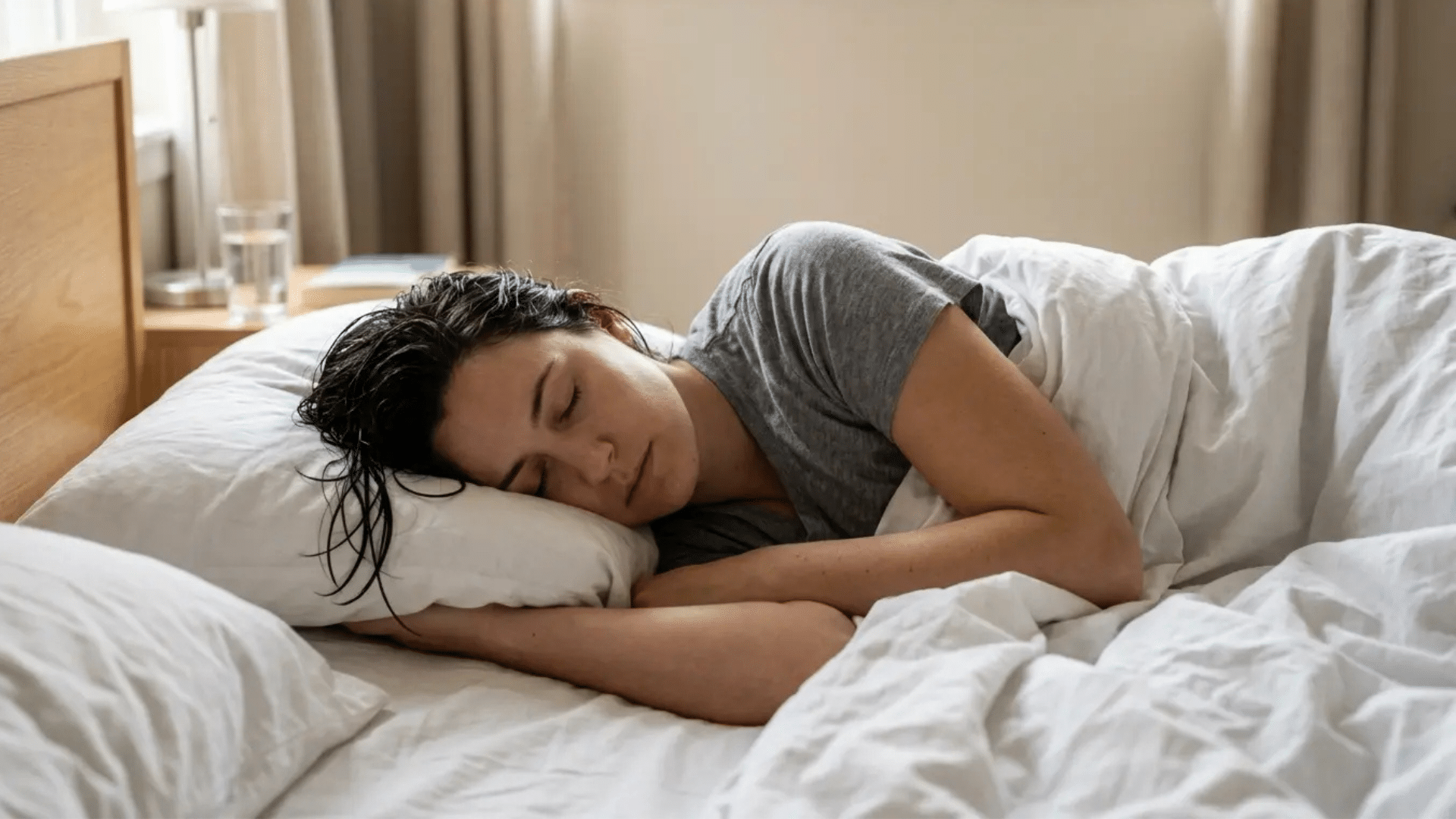 person sleeping on their side in bed with wet hair resting on a pillow