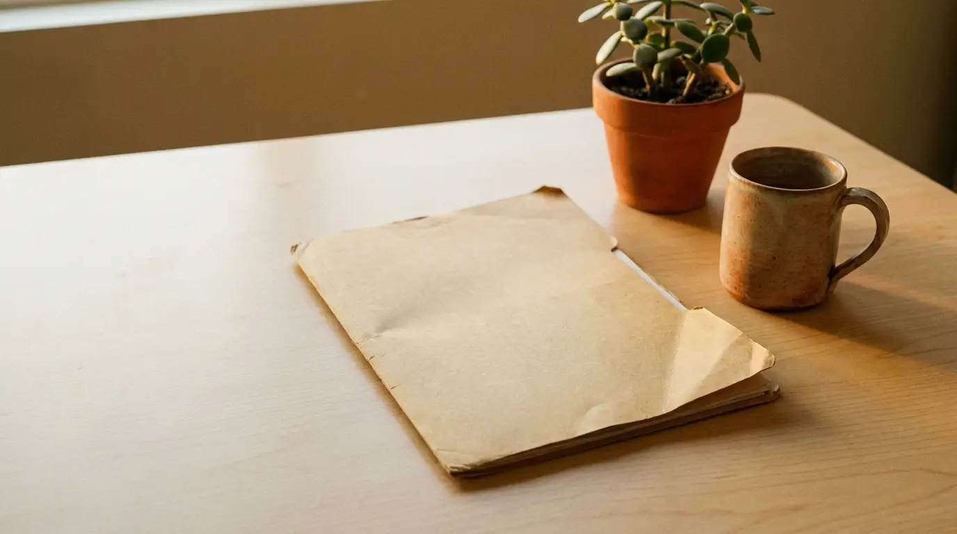 Envelopes, potted plant, and ceramic mug on light wooden table in natural light