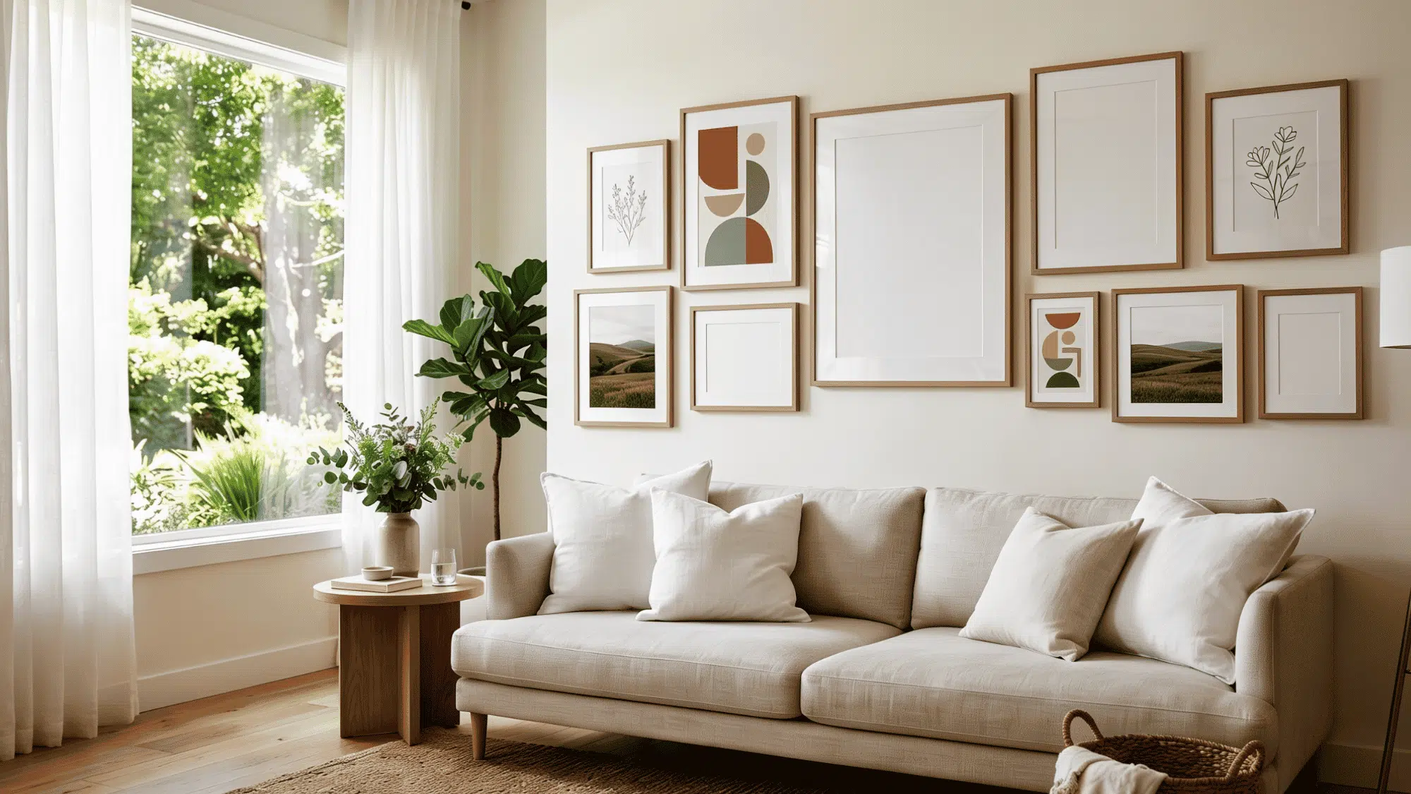 Living room wall with framed photos, art, warm lamps, sofa, and soft pillows.