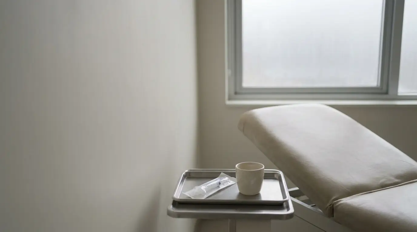 Medical examination table beside window with tray holding a syringe and paper cup